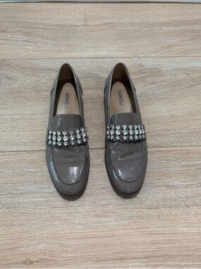 Vaneli Taupe Patent Loafers with Crystal Strap